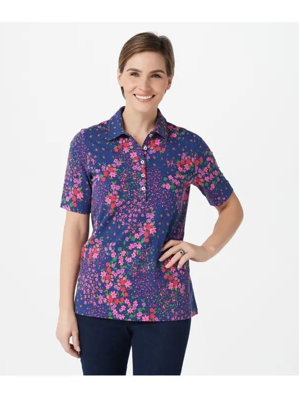 Isaac Mizrahi Floral Button-Down Polo - Purple & Pink